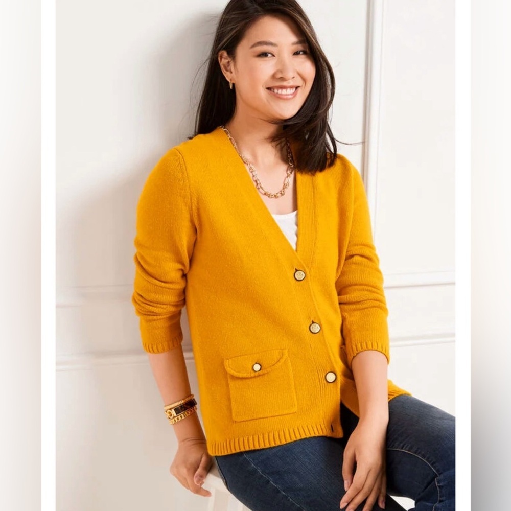 Talbots Golden Maize Flap Pocket Button Front Cardigan Knit Cotton Blend Sweater